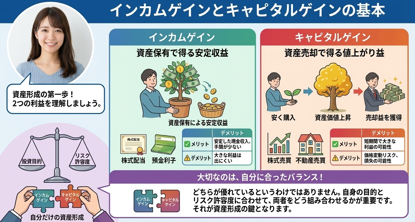 ンカムゲインとキャピタルゲインの違いは、利益を得る方法にあります。
インカムゲインは資産を「保有」している間に得られる利益で、株式の配当金や預貯金の利子などが該当します。