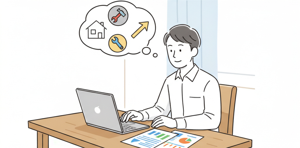 不動産投資のリスクを調べて慎重に検討する会社員のイメージ