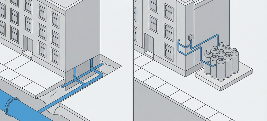 アパート建築では、都市ガス・プロパンガス（LPガス）・電化（オール電化）など複数の選択肢