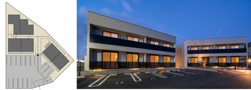 V型平面 土地の角度に合わせて建物をV字型に配置