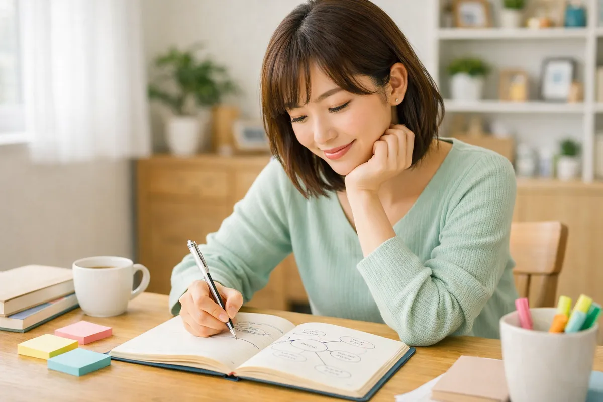 明るい室内で勉強している女性